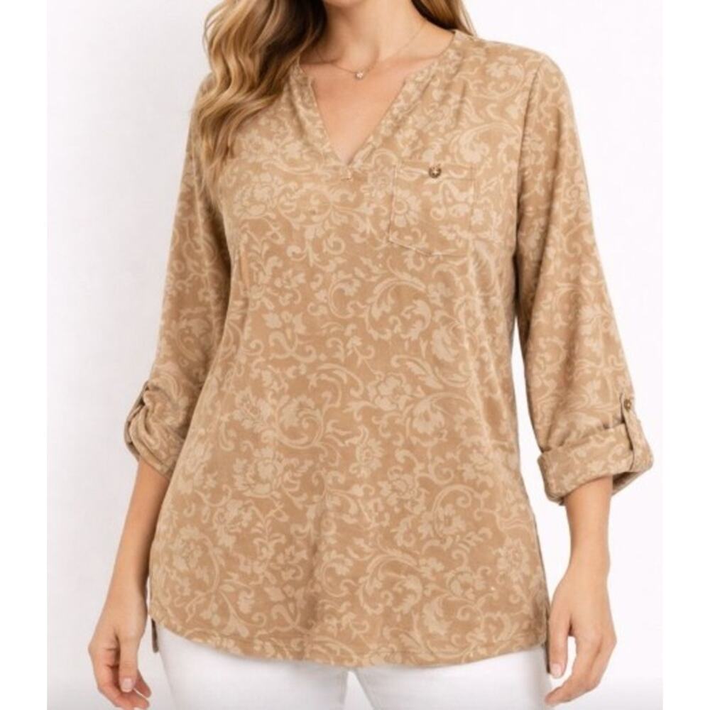 Soft Surroundings‎ Tunic Top Womens S Tan Faux Suede Floral Roll Tab Boho Chic